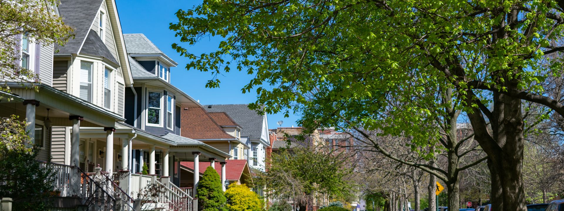 Wood-frame houses with front porches along a tree-lined Chicago residential street in spring.